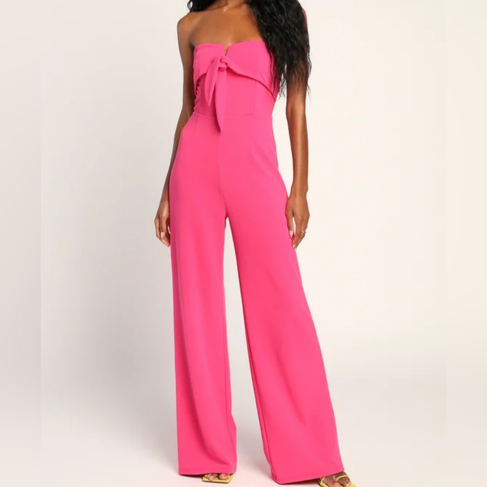 *NWT* Lulu's Ready to Impress Hot Pink StraplessTie-Front Wide-Leg Jumpsuit